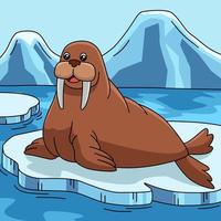 Walrus on Ice Floe Cartoon Colored Illustration vector