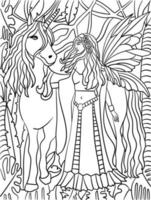 Unicorn Walking With Fairy Coloring Page for Adult vector