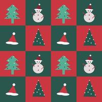 Seamless pattern of a snowman and pine tree on green and red color box background. Vector design. For textile or printing or paper, wrap use. Greeting on Merry  Christmas and happy new year's concept.