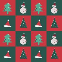 Seamless pattern of a snowman and pine tree on green and red color box background. Vector design. For textile or printing or paper, wrap use. Greeting on Merry  Christmas and happy new year's concept.