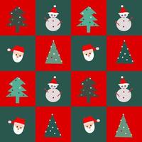 Seamless pattern of a snowman, Santa, pine tree on green and red boxes background. Vector design. For textile or printing or paper, wrap. Greeting on Merry  Christmas and happy new year's concept.