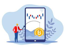 Businessman fishing bitcoin on laptop strategy finance cocept  Vector illustration in flat cartoon style.