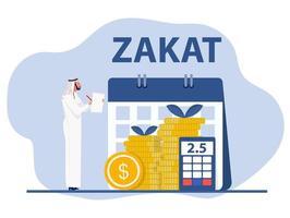 muslim Arab pay zakat from profit on ramadan kareem flat vector illustrator.