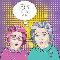 Two elderly women are surprised. Pop art portrait of old woman. Place for your text. For advertising, print, banner, media. Multicolored background, dots. vector