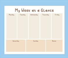 semana de un vistazo marrón. planificador semanal en blanco. planificador semanal sin fecha. descarga de vectores profesionales. descarga del planificador semanal sin fecha