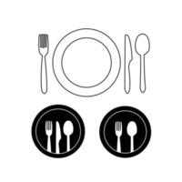 plato y cubiertos. juego de plato con tenedor, cuchara y cuchillo. iconos de cubiertos y alimentos. ilustración vectorial vector