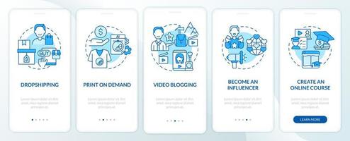 Ways to earn money online onboarding mobile app page screen. Video blogging walkthrough 5 steps graphic instructions with concepts. UI, UX, GUI vector template with linear color illustrations