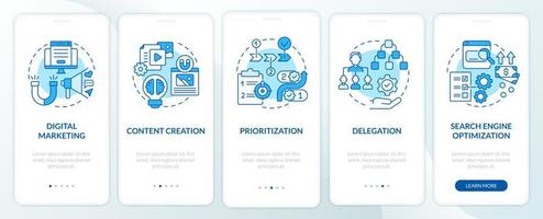 Online business skills onboarding mobile app page screen. Content creation walkthrough 5 steps graphic instructions with concepts. UI, UX, GUI vector template with linear color illustrations