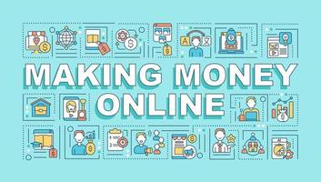 Making money online word concepts banner. Getting passive income at home. Infographics with linear icons on mint background. Isolated creative typography. Vector outline color illustration with text