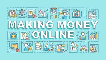 Making money online word concepts banner. Getting passive income at home. Infographics with linear icons on mint background. Isolated creative typography. Vector outline color illustration with text