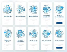 Earning money online onboarding mobile app page screen set. Dropshipping walkthrough 5 steps graphic instructions with concepts. UI, UX, GUI vector template with linear color illustrations