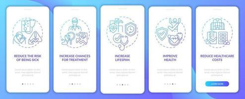Check ups benefits blue gradient onboarding mobile app page screen. Improving health walkthrough 5 steps graphic instructions with concepts. UI, UX, GUI vector template with linear color illustrations