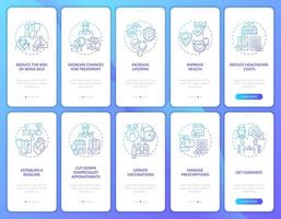 conjunto de pantalla de la página de la aplicación móvil de incorporación de degradado azul de chequeo anual. tutorial de beneficios instrucciones gráficas de 5 pasos con conceptos. ui, ux, plantilla vectorial gui con ilustraciones en color lineal vector