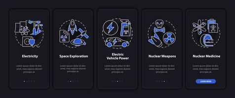 Nuclear power usage onboarding mobile app page screen. Nuclear medicine walkthrough 5 steps graphic instructions with concepts. UI, UX, GUI vector template with linear night mode illustrations