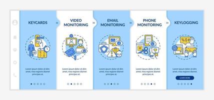 Types of employee monitoring onboarding vector template. Responsive mobile website with icons. Web page walkthrough 5 step screens. Work tracking color concept with linear illustrations