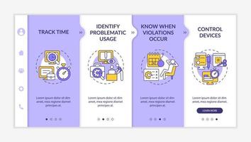 Benefits of employee monitoring onboarding vector template. Responsive mobile website with icons. Web page walkthrough 4 step screens. Work tracking color concept with linear illustrations