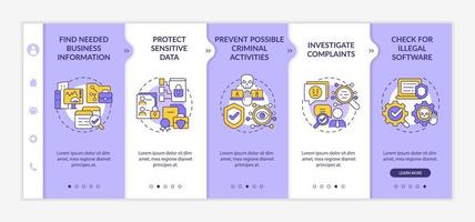 Surveillance legal uses onboarding vector template. Responsive mobile website with icons. Web page walkthrough 5 step screens. Work tracking color concept with linear illustrations