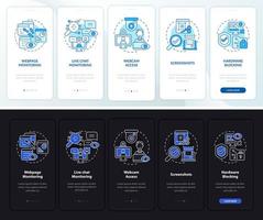 Employee monitoring software dark, light onboarding mobile app page screen. Work walkthrough 5 step graphic instructions with concepts. UI, UX, GUI vector template with night and day mode illustration