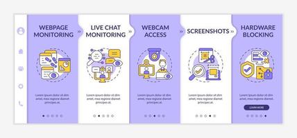 Employee monitoring software features onboarding vector template. Responsive mobile website with icons. Web page walkthrough 5 step screens. Work tracking color concept with linear illustrations