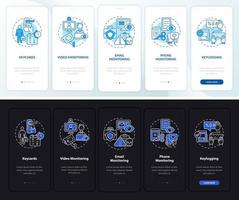 Employee monitoring types dark, light onboarding mobile app page screen. Work walkthrough 5 steps graphic instructions with concepts. UI, UX, GUI vector template with night and day mode illustrations