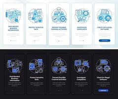 pantalla de la página de la aplicación móvil de incorporación oscura y clara de legalidad de vigilancia. tutorial de control 5 pasos instrucciones gráficas con conceptos. ui, ux, plantilla vectorial gui con ilustraciones en modo día y noche vector