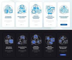 pantalla de la página de la aplicación móvil de incorporación oscura y clara de profesionales de supervisión de empleados. tutorial de trabajo 5 pasos instrucciones gráficas con conceptos. ui, ux, plantilla vectorial gui con ilustraciones en modo día y noche vector