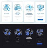 Employee monitoring benefit dark, light onboarding mobile app page screen. Work walkthrough 4 steps graphic instructions with concepts. UI, UX, GUI vector template with night and day mode illustration