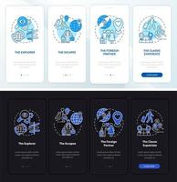 Expats types dark, light onboarding mobile app page screen. Walkthrough 4 steps graphic instructions with concepts. UI, UX, GUI vector template with linear night and day mode illustrations