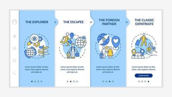 Types of expatriates onboarding vector template. Responsive mobile website with icons. Web page walkthrough 4 step screens. Moving to foreign country color concept with linear illustrations