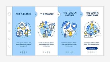 Types of expatriates onboarding vector template. Responsive mobile website with icons. Web page walkthrough 4 step screens. Moving to foreign country color concept with linear illustrations