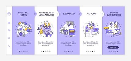 adaptarse a la plantilla de vector de incorporación de vivir en el extranjero. sitio web móvil sensible con iconos. Tutorial de página web Pantallas de 5 pasos. vivir en un concepto de color de un país extranjero con ilustraciones lineales