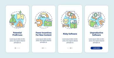 Disadvantages of online piracy onboarding mobile app page screen. Risky software walkthrough 4 steps graphic instructions with concepts. UI, UX, GUI vector template with linear color illustrations