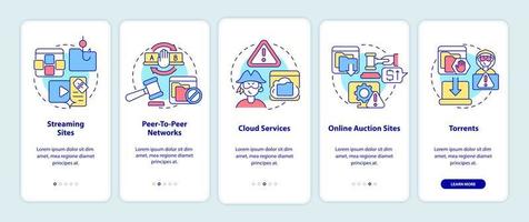 Sources of piracy onboarding mobile app page screen. Peer-to-peer networks walkthrough 5 steps graphic instructions with concepts. UI, UX, GUI vector template with linear color illustrations