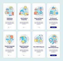 Intellectual property law onboarding mobile app page screen set. Copyrighted works walkthrough 4 steps graphic instructions with concepts. UI, UX, GUI vector template with linear color illustrations