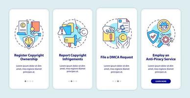 Content protection onboarding mobile app page screen. Registered ownership walkthrough 4 steps graphic instructions with concepts. UI, UX, GUI vector template with linear color illustrations