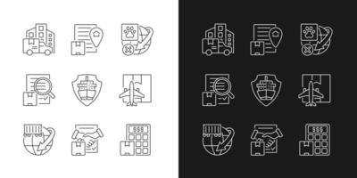 Worldwide shipping professional service linear icons set for dark and light mode. Guaranteed on-time delivery. Cargo protection. Customizable thin line symbols. Isolated vector outline illustrations