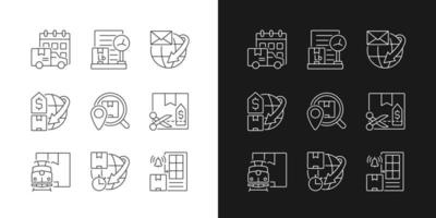 International shipment service rules linear icons set for dark and light mode. Global mail and container freights delivery. Customizable thin line symbols. Isolated vector outline illustrations