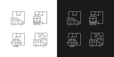 International shipment documents linear icons set for dark and light mode. Packing list, origin certificate and export license. Customizable thin line symbols. Isolated vector outline illustrations