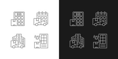 International shipping business linear icons set for dark and light mode. Worldwide delivering of cargoes. Customizable thin line symbols. Isolated vector outline illustrations. Editable stroke