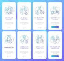 People with vaccine onboarding mobile app page screen set. Permission to visit event walkthrough 4 steps graphic instructions with concepts. UI, UX, GUI vector template with linear color illustrations