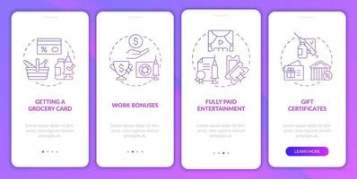 Encouraging vaccination onboarding mobile app page screen. Work bonuses walkthrough 4 steps graphic instructions with concepts. UI, UX, GUI vector template with linear color illustrations