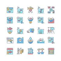 Fishing industry RGB color icons set. Catching and preparing seafood. Processing and farming. Canning plant. Fishery rules. Isolated vector illustrations. Simple filled line drawings collection