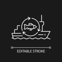 Fish processing vessel white linear icon for dark theme. Large factory ship. Commercial fishery. Thin line customizable illustration. Isolated vector contour symbol for night mode. Editable stroke