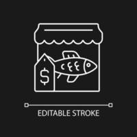 Fish market white linear icon for dark theme. Fresh and frozen seafood trade. Fish marketplace. Thin line customizable illustration. Isolated vector contour symbol for night mode. Editable stroke