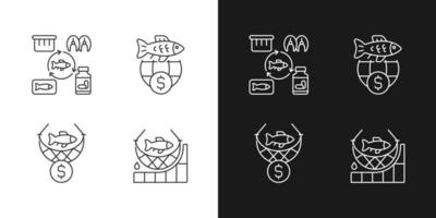 Iconos lineales de producción y comercio de productos pesqueros establecidos para el modo oscuro y claro. elaboración de productos del mar para el comercio. símbolos de línea fina personalizables. ilustraciones aisladas de contorno vectorial. trazo editable vector