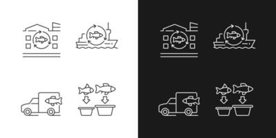 Fish processing and transportation linear icons set for dark and light mode. Seafood product manufacturing. Customizable thin line symbols. Isolated vector outline illustrations. Editable stroke