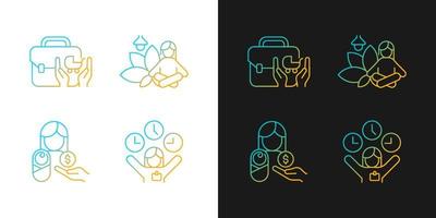 Employee incentives gradient icons set for dark and light mode. Meditative space. Flexible hours. Thin line contour symbols bundle. Isolated vector outline illustrations collection on black and white