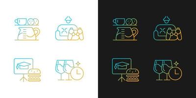 Employee engagement gradient icons set for dark and light mode. Office coffee station. Thin line contour symbols bundle. Isolated vector outline illustrations collection on black and white