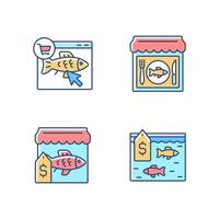 Seafood product selling RGB color icons set. Fishing industry. Fish market and online shop. Marine products supermarket. Isolated vector illustrations. Simple filled line drawings collection