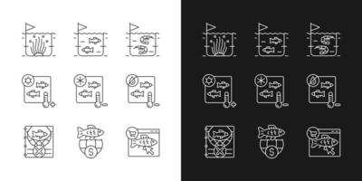 Fish product farming and storing linear icons set for dark and light mode. Sterilization and preservation. Customizable thin line symbols. Isolated vector outline illustrations. Editable stroke